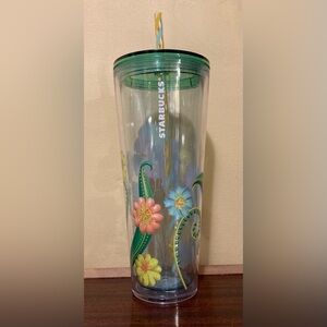 Starbucks Clear Floral Tumbler with Green, Pink & Blue Accents